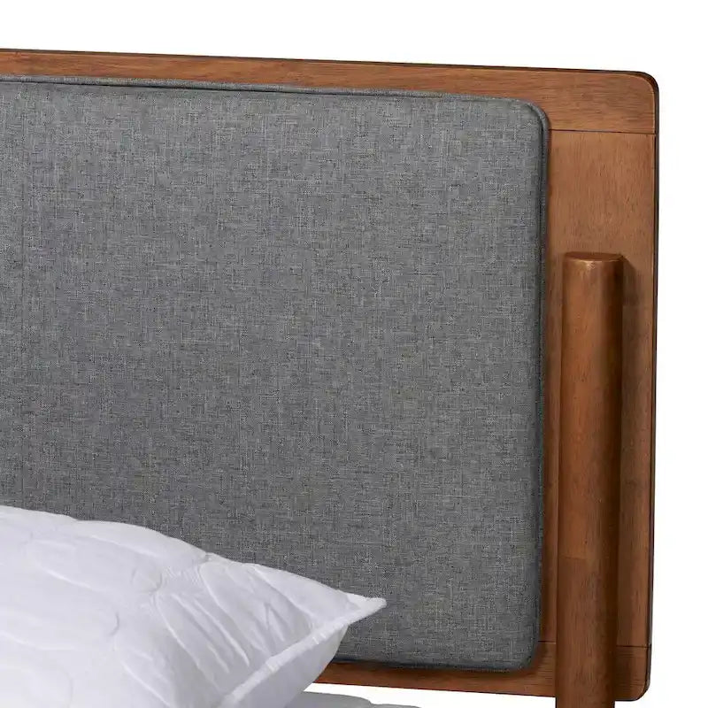Mid-Century Modern Grey Fabric and Ash Walnut Finished Wood Platform Bed