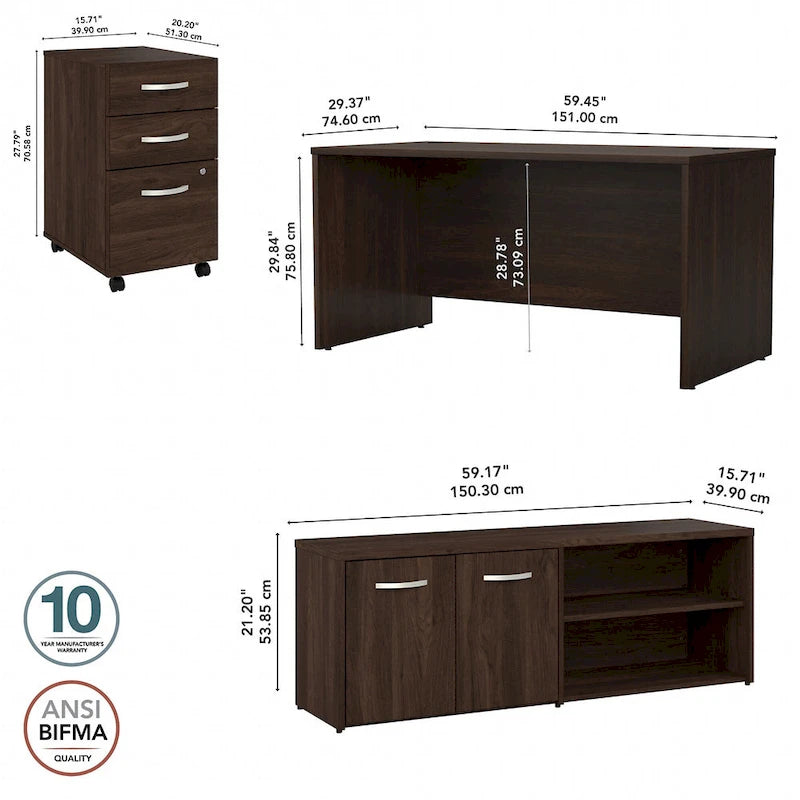 60W Desk with Return and Cabinet