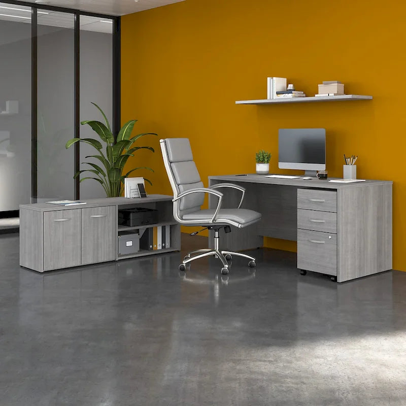 60W Desk with Return and Cabinet