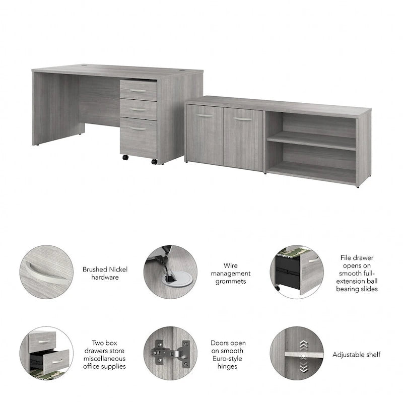 60W Desk with Return and Cabinet