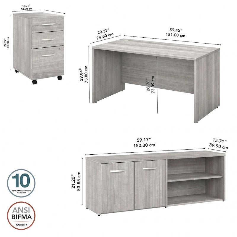 60W Desk with Return and Cabinet