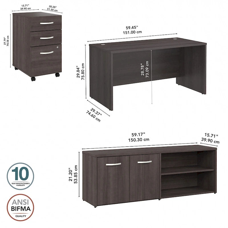60W Desk with Return and Cabinet