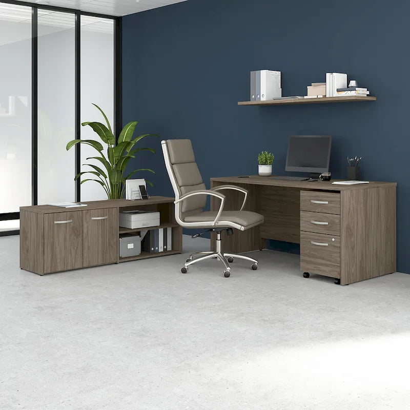 60W Desk with Return and Cabinet