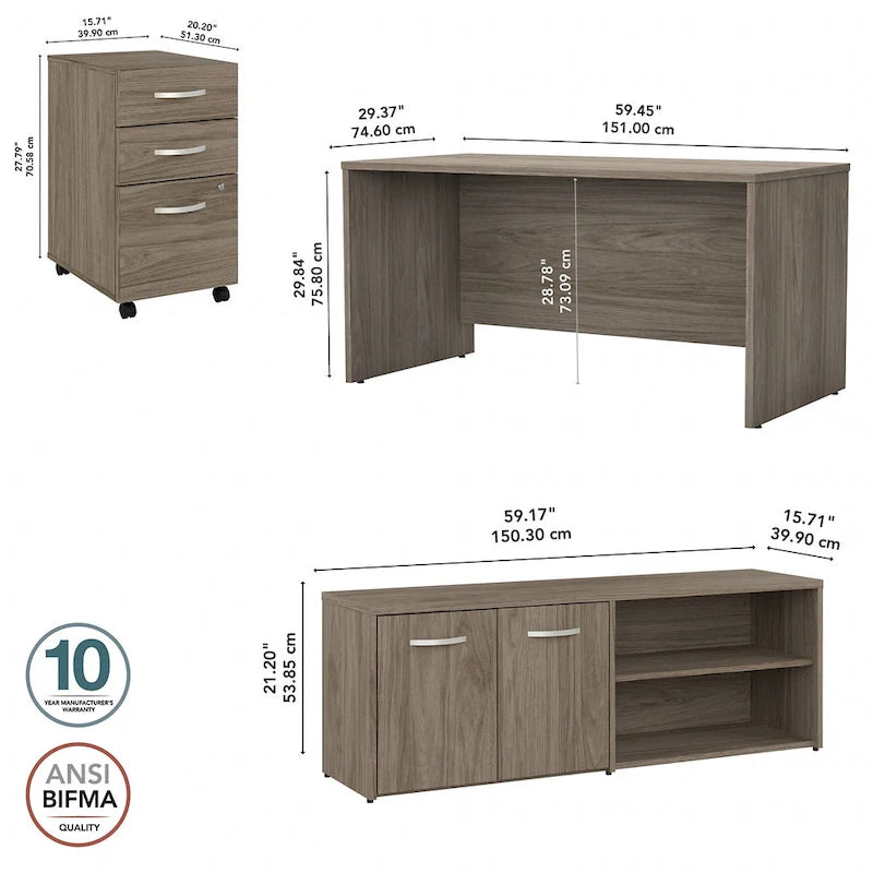 60W Desk with Return and Cabinet