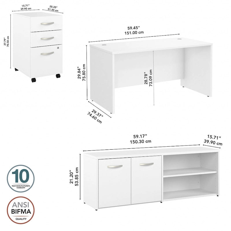 60W Desk with Return and Cabinet