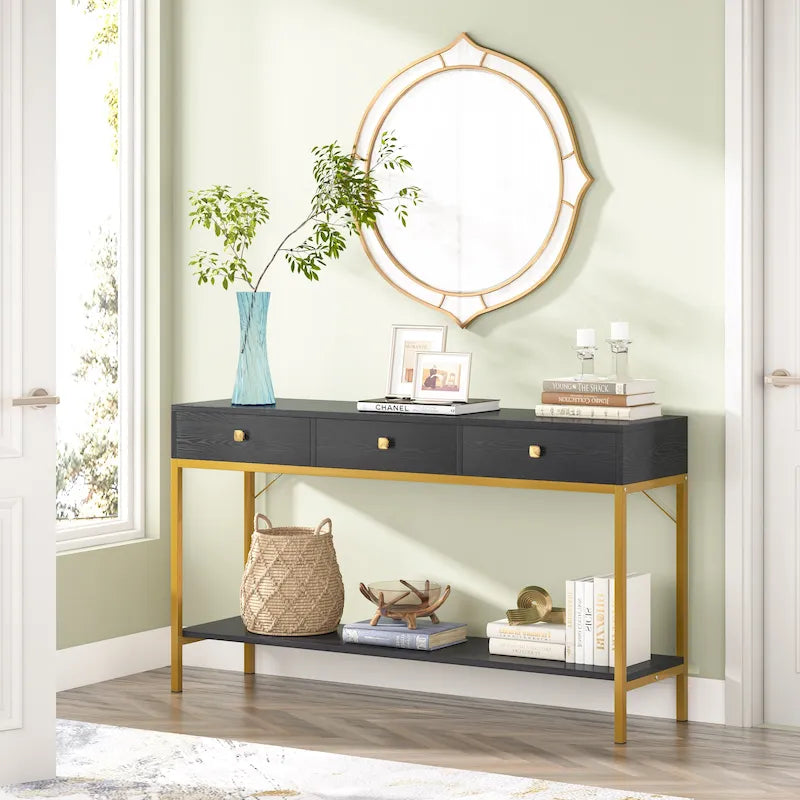 54.33" Console Table with 3 Drawers, Black Entryway Table with Storage Shelves