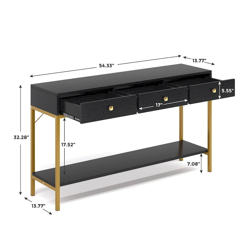 54.33" Console Table with 3 Drawers, Black Entryway Table with Storage Shelves