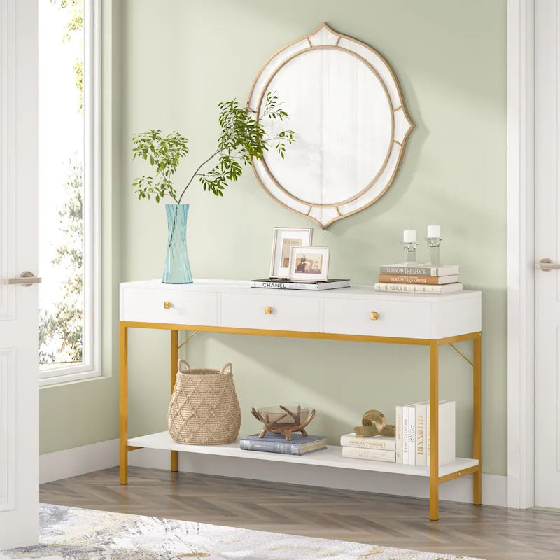 54.33" Console Table with 3 Drawers, Black Entryway Table with Storage Shelves