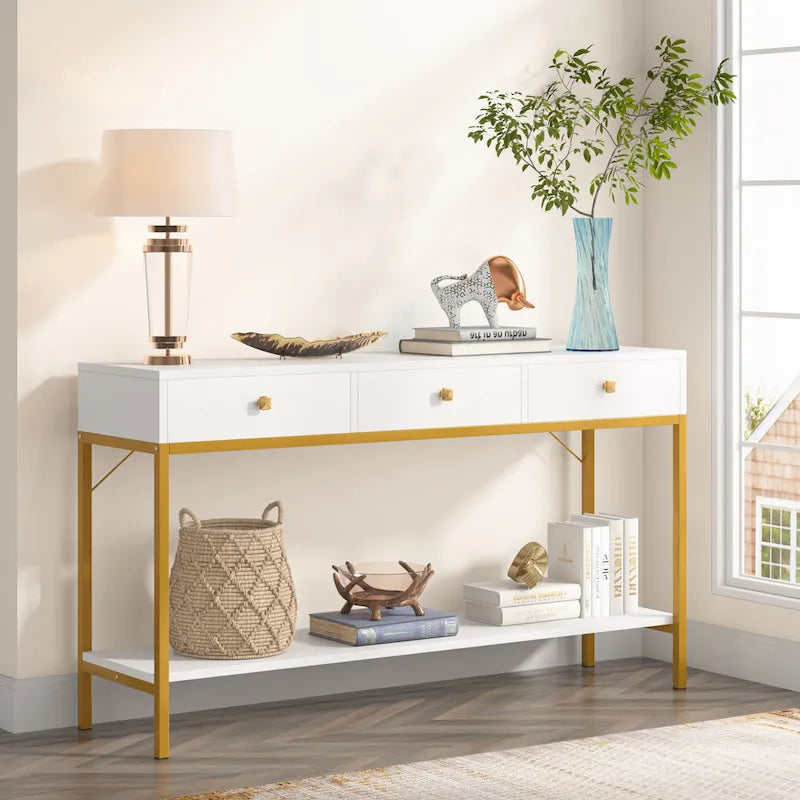 54.33" Console Table with 3 Drawers, Black Entryway Table with Storage Shelves