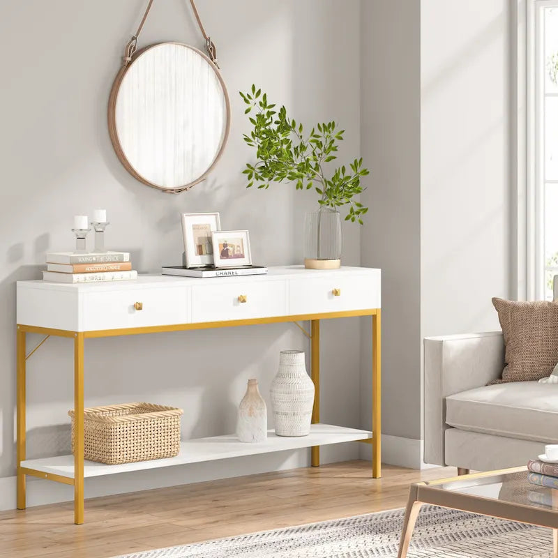 54.33" Console Table with 3 Drawers, Black Entryway Table with Storage Shelves