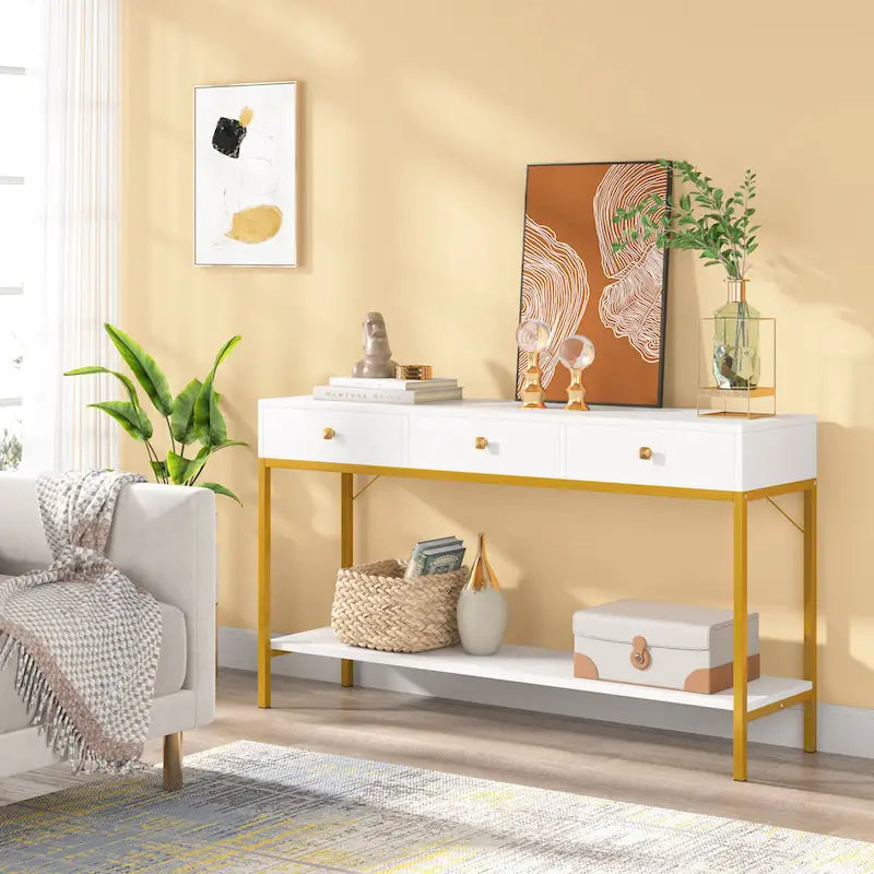 54.33" Console Table with 3 Drawers, Black Entryway Table with Storage Shelves