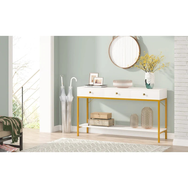 54.33" Console Table with 3 Drawers, Black Entryway Table with Storage Shelves