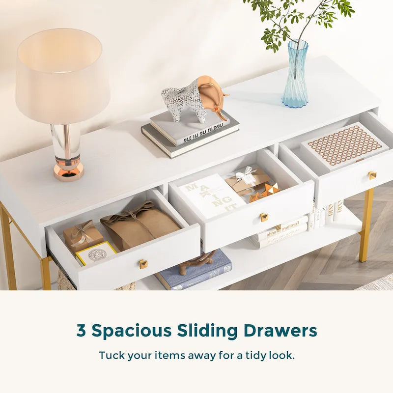 54.33" Console Table with 3 Drawers, Black Entryway Table with Storage Shelves