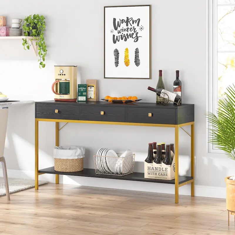 54.33" Console Table with 3 Drawers, Black Entryway Table with Storage Shelves