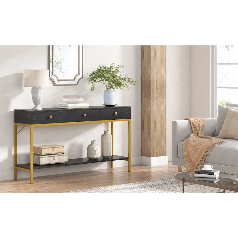 54.33" Console Table with 3 Drawers, Black Entryway Table with Storage Shelves