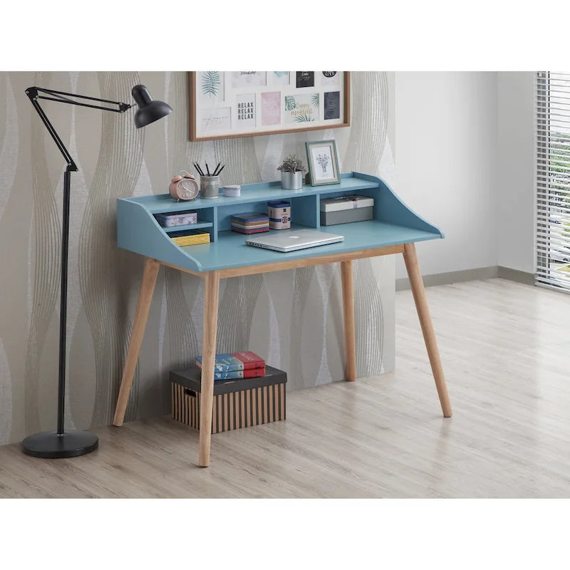  Roskilde Mid-Century Modern Wood Writing Desk with Hutch, Blue