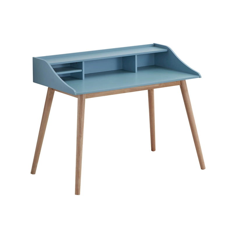 Mid-Century Modern Wood Writing Desk with Hutch, Blue