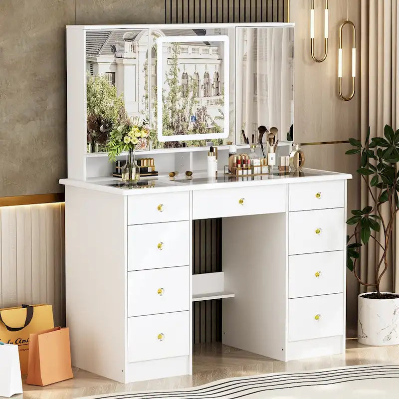 Vanity Desk with Lights, Makeup Vanity with Lights 3 Colors,9 Drawers - 53.9H
