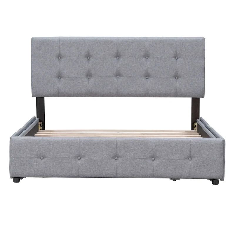 Upholstered Platform Bed with Classic Headboard and 4 Drawers, No Box Spring Needed, Linen Fabric, Queen Size Light Gray