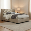 Pax Queen Bed, Storage Footboard, Button Tufted Upholstery, Beige Linen