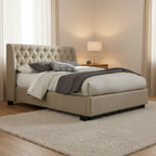 Pax Queen Bed, Storage Footboard, Button Tufted Upholstery, Beige Linen