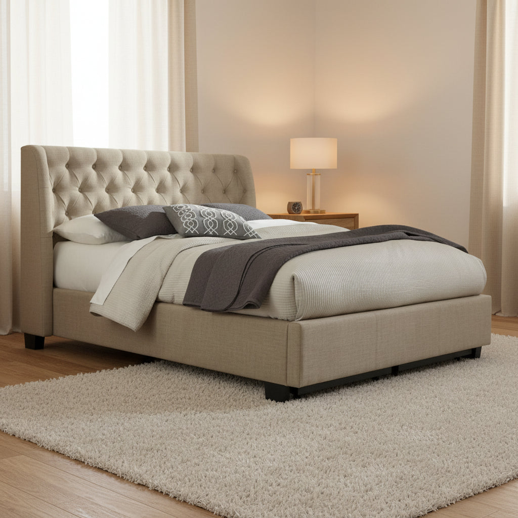 Pax Queen Bed, Storage Footboard, Button Tufted Upholstery, Beige Linen