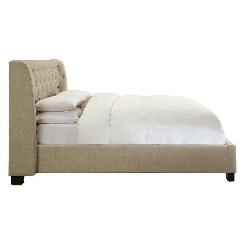 Queen Bed, Storage Footboard, Button Tufted Upholstery, Beige Linen