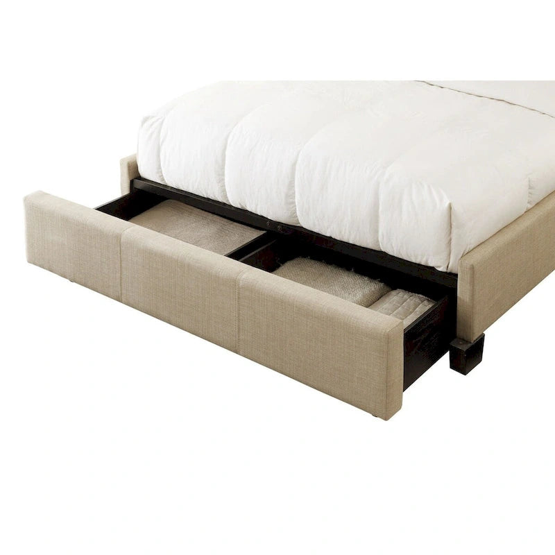 Queen Bed, Storage Footboard, Button Tufted Upholstery, Beige Linen