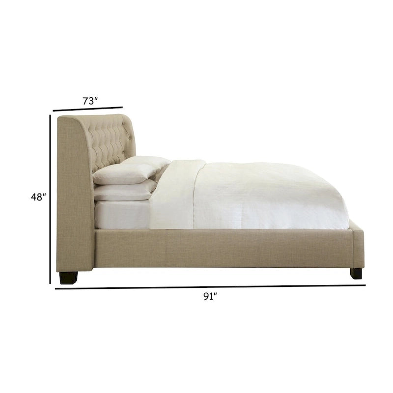 Queen Bed, Storage Footboard, Button Tufted Upholstery, Beige Linen