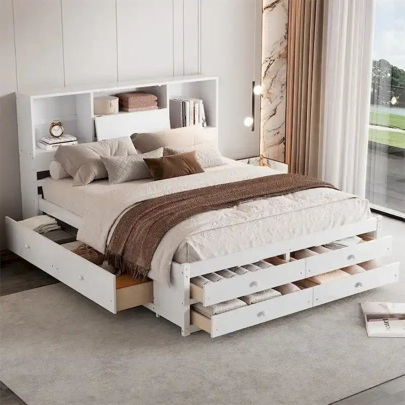 Queen Size Platform Bed with Storage Headboard and 8 Drawers