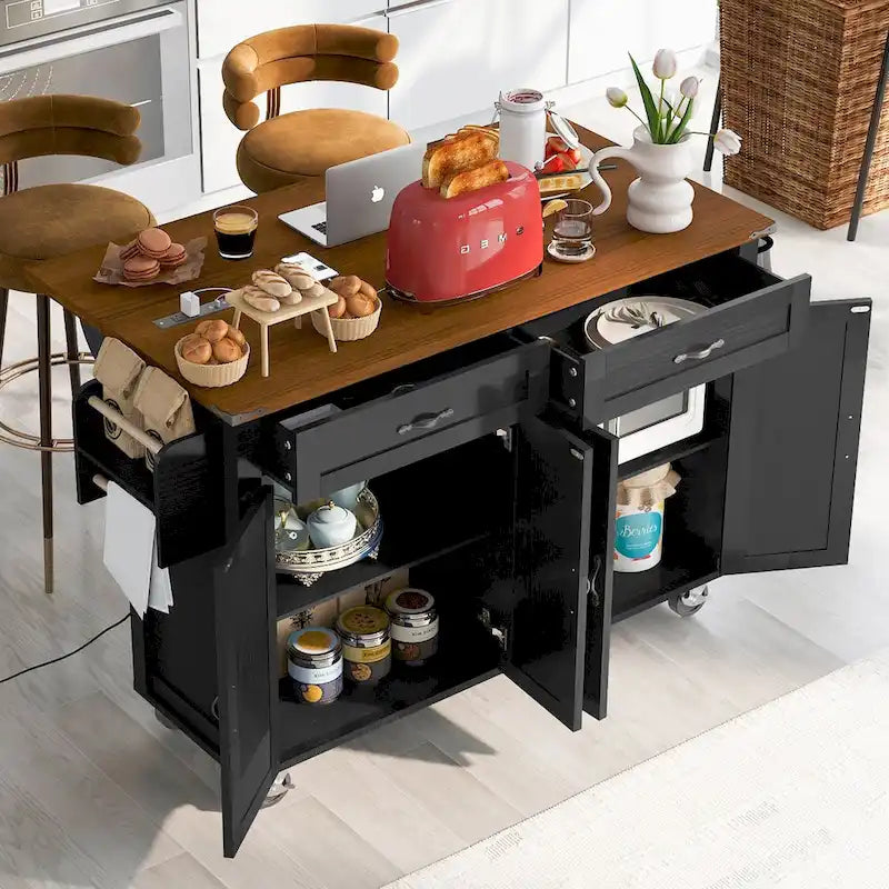53.5 Farmhouse Kitchen Island with Power Outlet, Drop Leaf & Mobile Storage