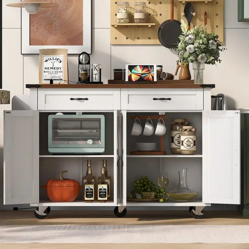 53.5 Farmhouse Kitchen Island with Power Outlet, Drop Leaf & Mobile Storage