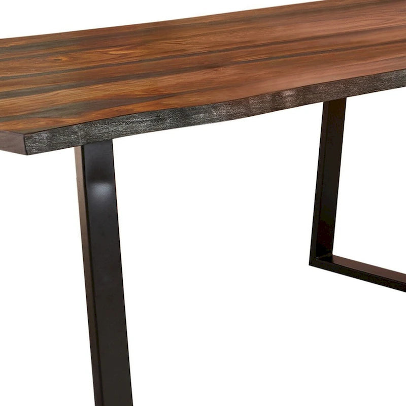 80 Inch Rectangular Dining Table, Live Edge, Iron Base, Chestnut Brown