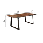 80 Inch Rectangular Dining Table, Live Edge, Iron Base, Chestnut Brown
