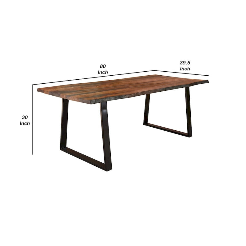 80 Inch Rectangular Dining Table, Live Edge, Iron Base, Chestnut Brown