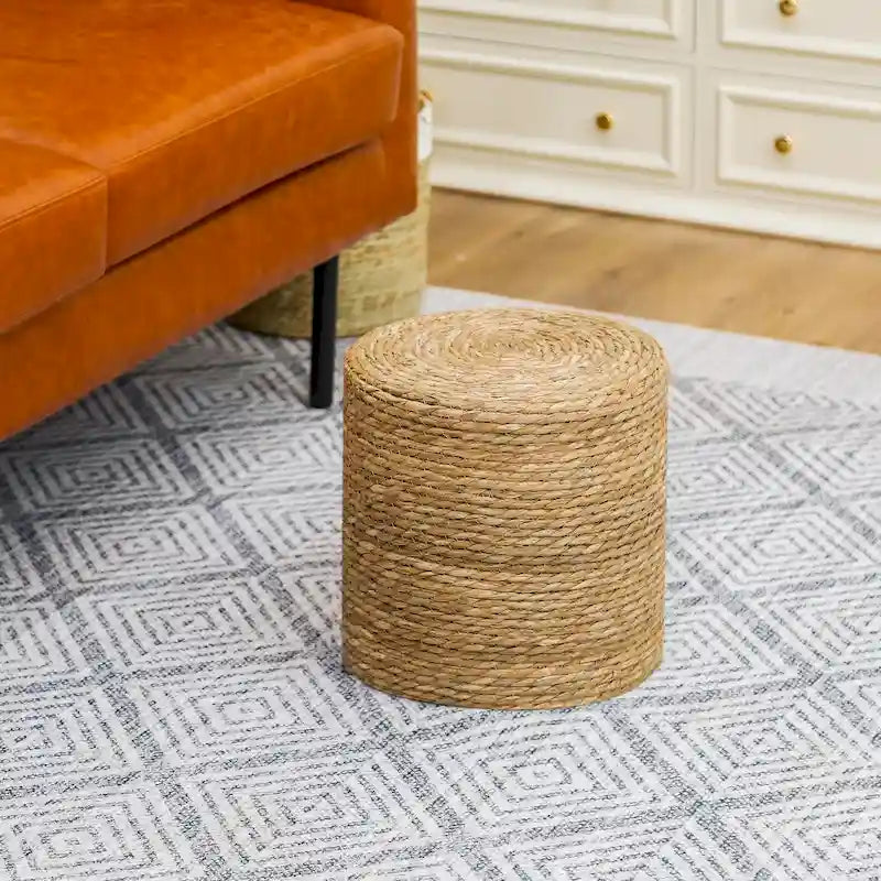 Round Ottoman Natural Cattail Hand Weave Foot Stool
