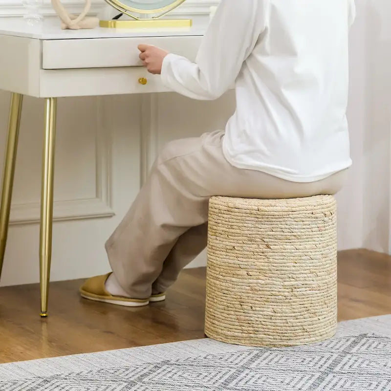 Round Ottoman Natural Cattail Hand Weave Foot Stool