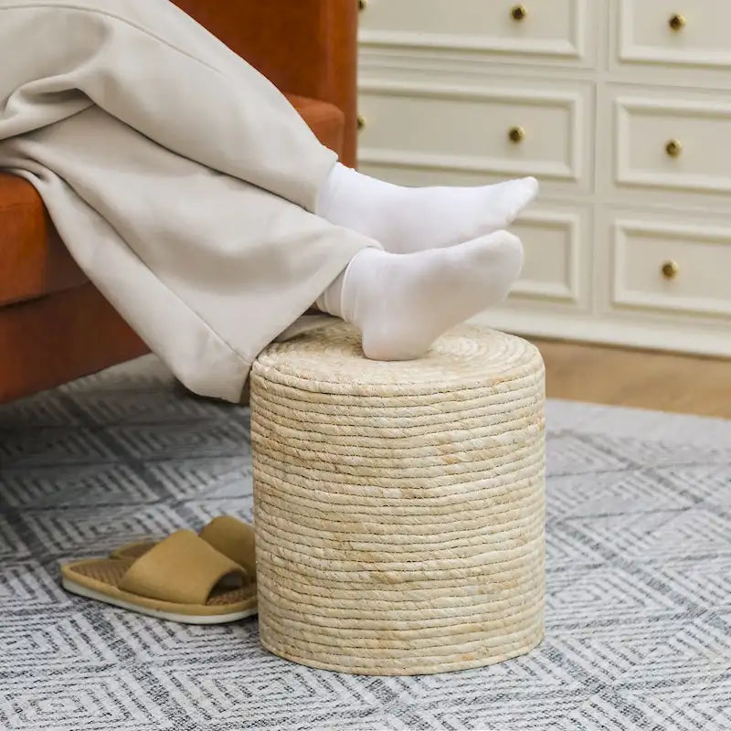 Round Ottoman Natural Cattail Hand Weave Foot Stool