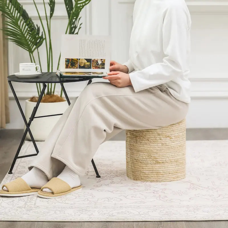 Round Ottoman Natural Cattail Hand Weave Foot Stool