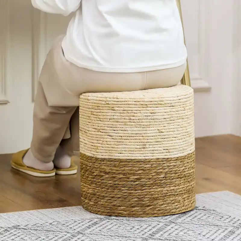 Round Ottoman Natural Cattail Hand Weave Foot Stool