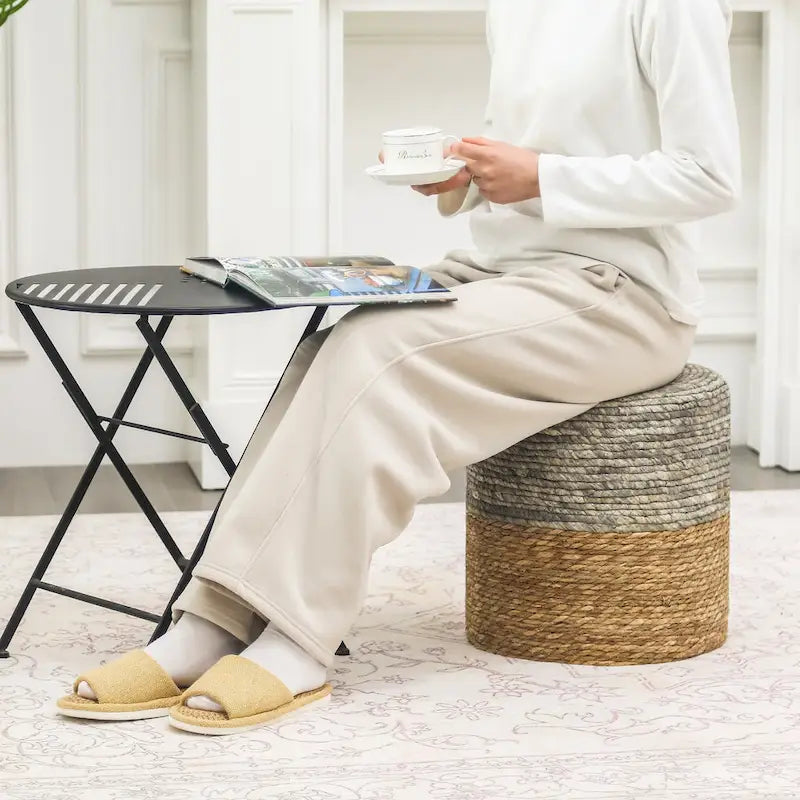 Round Ottoman Natural Cattail Hand Weave Foot Stool