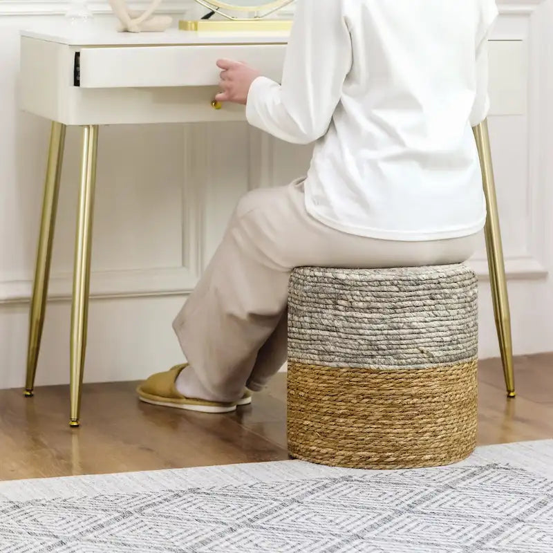 Round Ottoman Natural Cattail Hand Weave Foot Stool