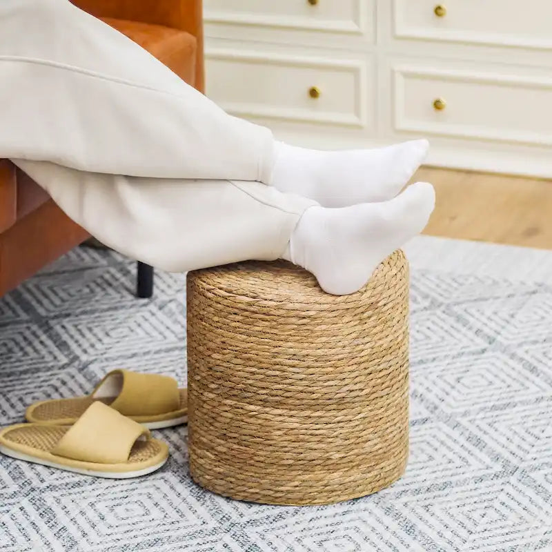 Round Ottoman Natural Cattail Hand Weave Foot Stool