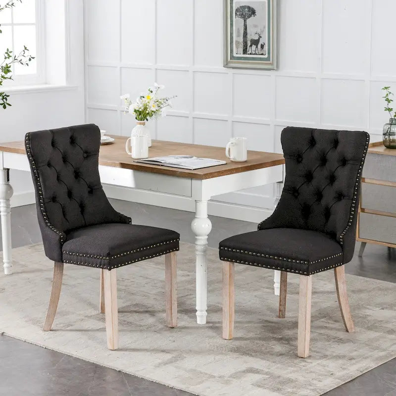 High-end Tufted Solid Wood Contemporary Flax Upholstered Linen Dining Chair with Wood Legs Nailhead Trim 2-Pcs Set