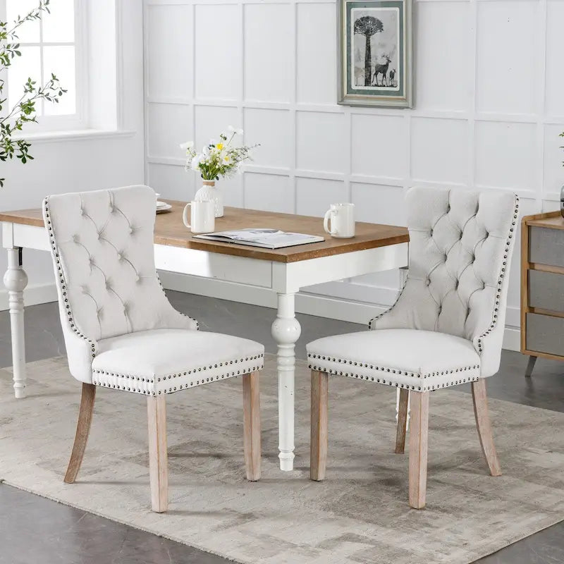 High-end Tufted Solid Wood Contemporary Flax Upholstered Linen Dining Chair with Wood Legs Nailhead Trim 2-Pcs Set