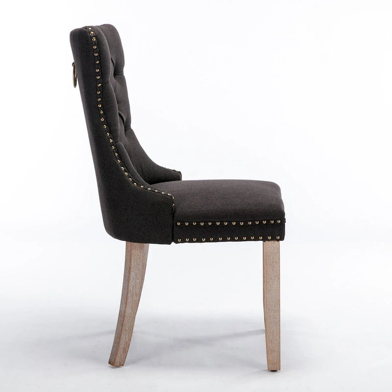 High-end Tufted Solid Wood Contemporary Flax Upholstered Linen Dining Chair with Wood Legs Nailhead Trim 2-Pcs Set
