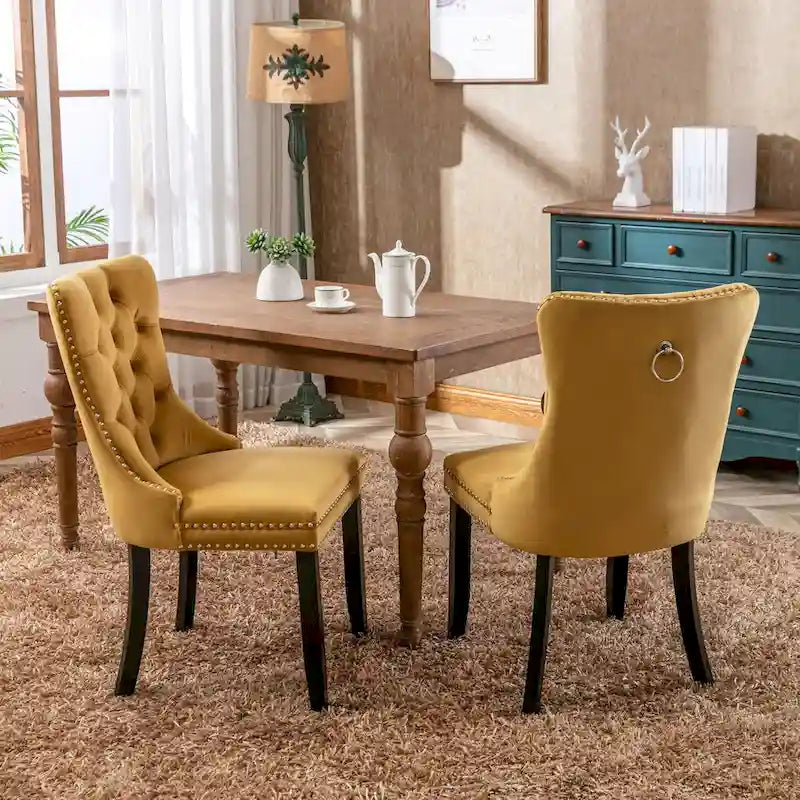 High-end Tufted Solid Wood Contemporary Velvet Upholstered Dining Chair with Wood Legs Nailhead Trim 2-Pcs Set,Gloden