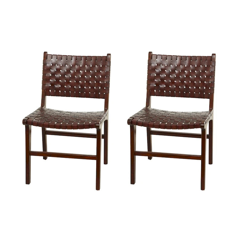 Leather Handmade Woven Dining Chair with Teak Wood Frame - Set of 2 Brown, White or Black