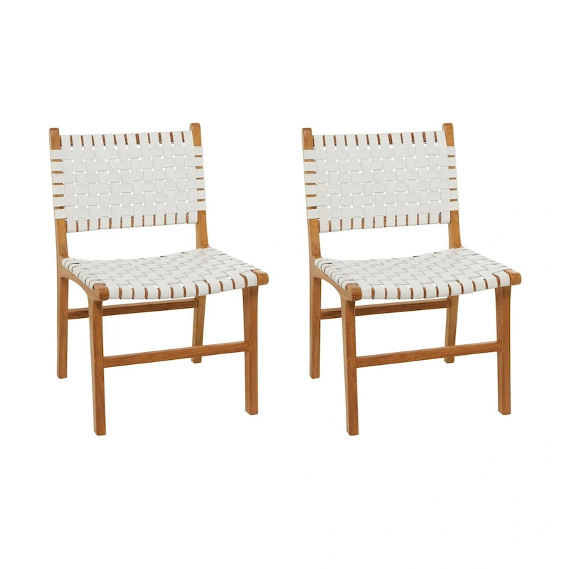 Leather Handmade Woven Dining Chair with Teak Wood Frame - Set of 2 Brown, White or Black