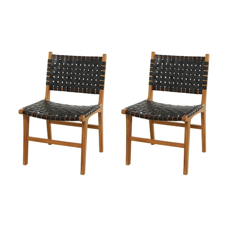 Leather Handmade Woven Dining Chair with Teak Wood Frame - Set of 2 Brown, White or Black